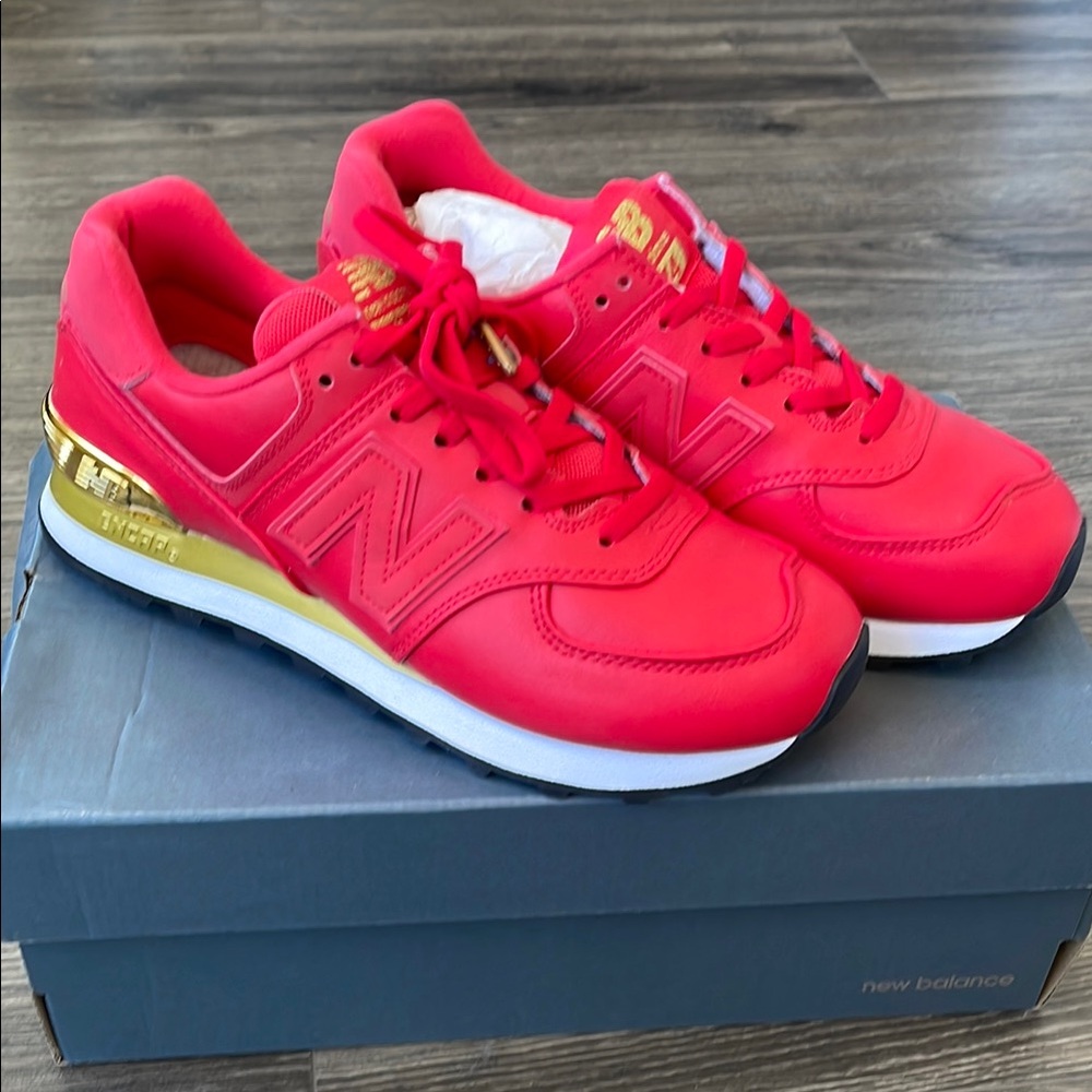 New Balance 574 Red and Gold Sneakers with Retro Design